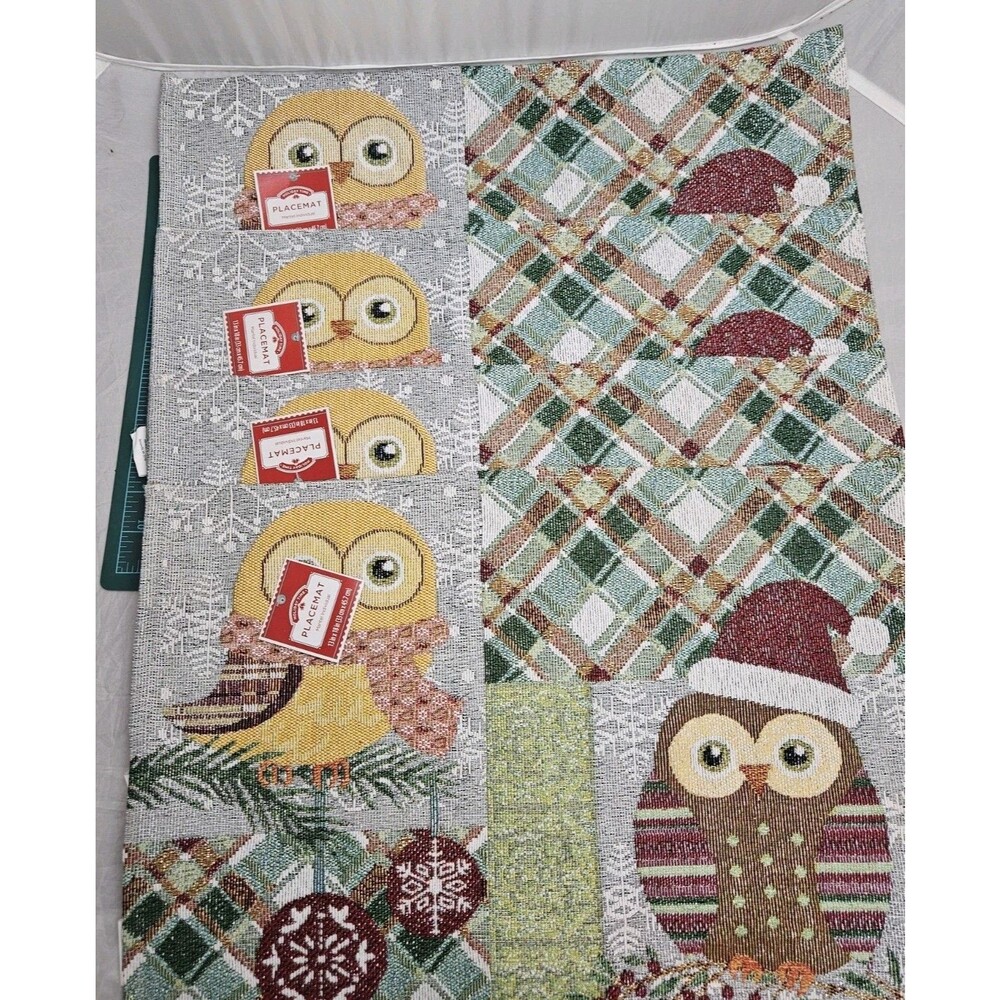 Holiday Time Christmas Owl Tapestry Placemats Lot of 4 NWT